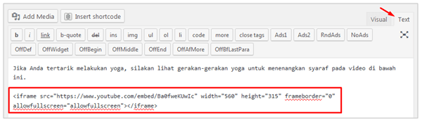 Paste code embed YouTube di Text editor